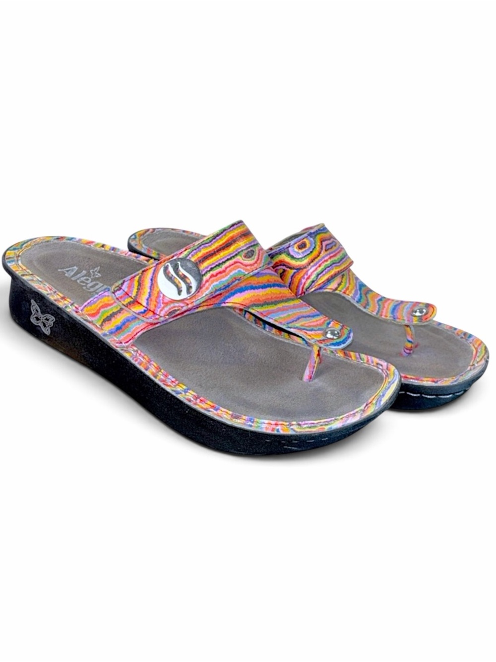 Alegria Carina Electric Avenue Rainbow Wave Leather Thong Sandals Sz 38 8/8.5
